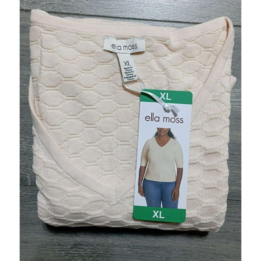 Ella Moss Womens XL Cream Honeycomb Knit V-Neck 3/4 Sleeve Pullover Sweater